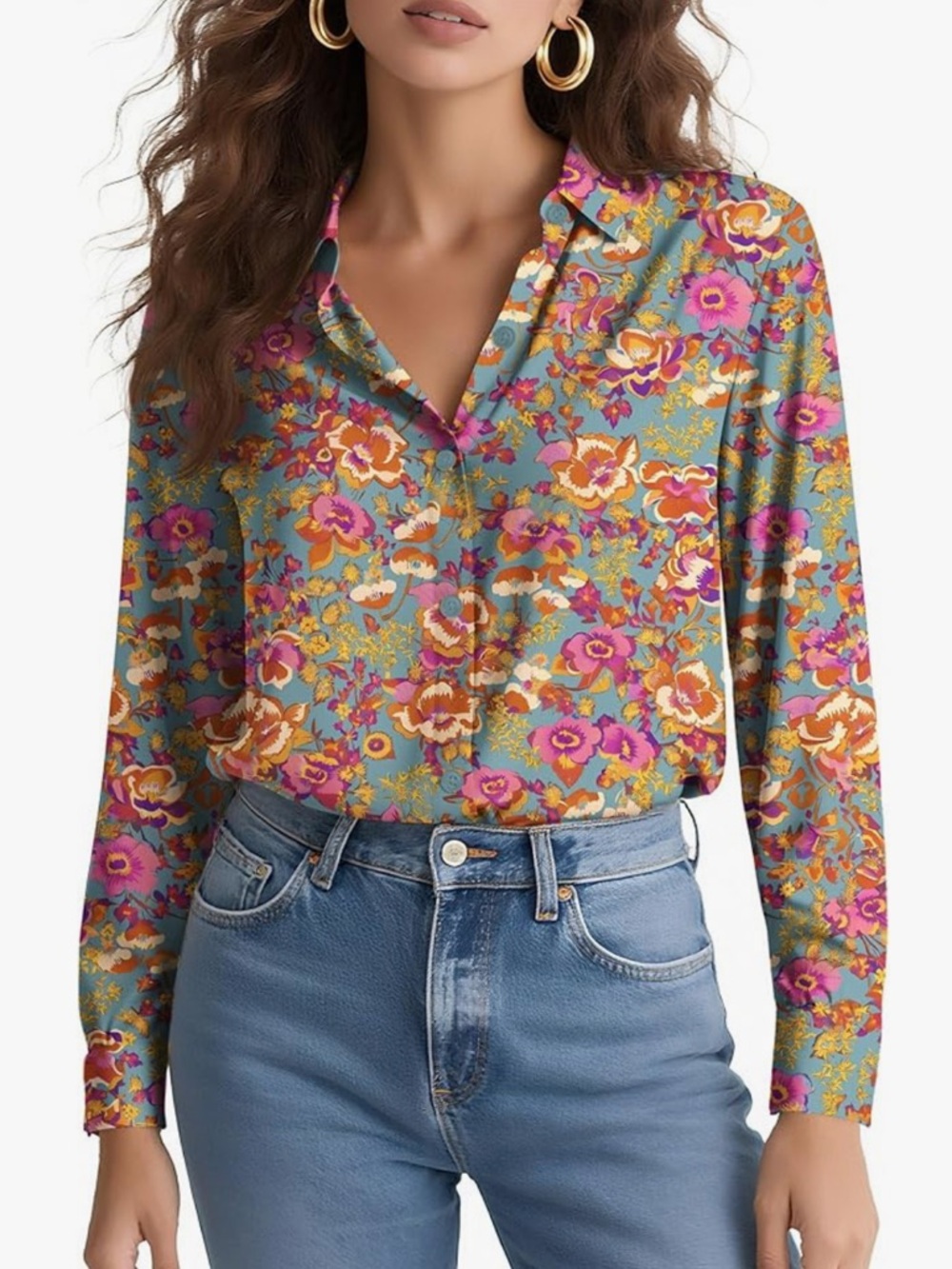 Women’s Button Down Floral Blouse with 2.4% Mulberry Silk Long Sleeve